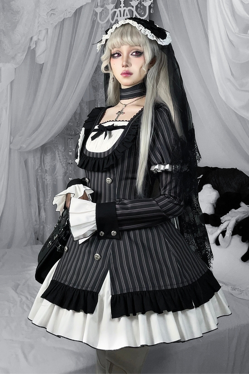 Gothic Lolita Striped Dress + Headband + Clip