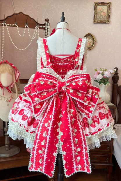 Strawberry Lolita Jumper Skirt + Rabbit Hair Scarf + Big Ribbon + Top + Hat + Bonnet