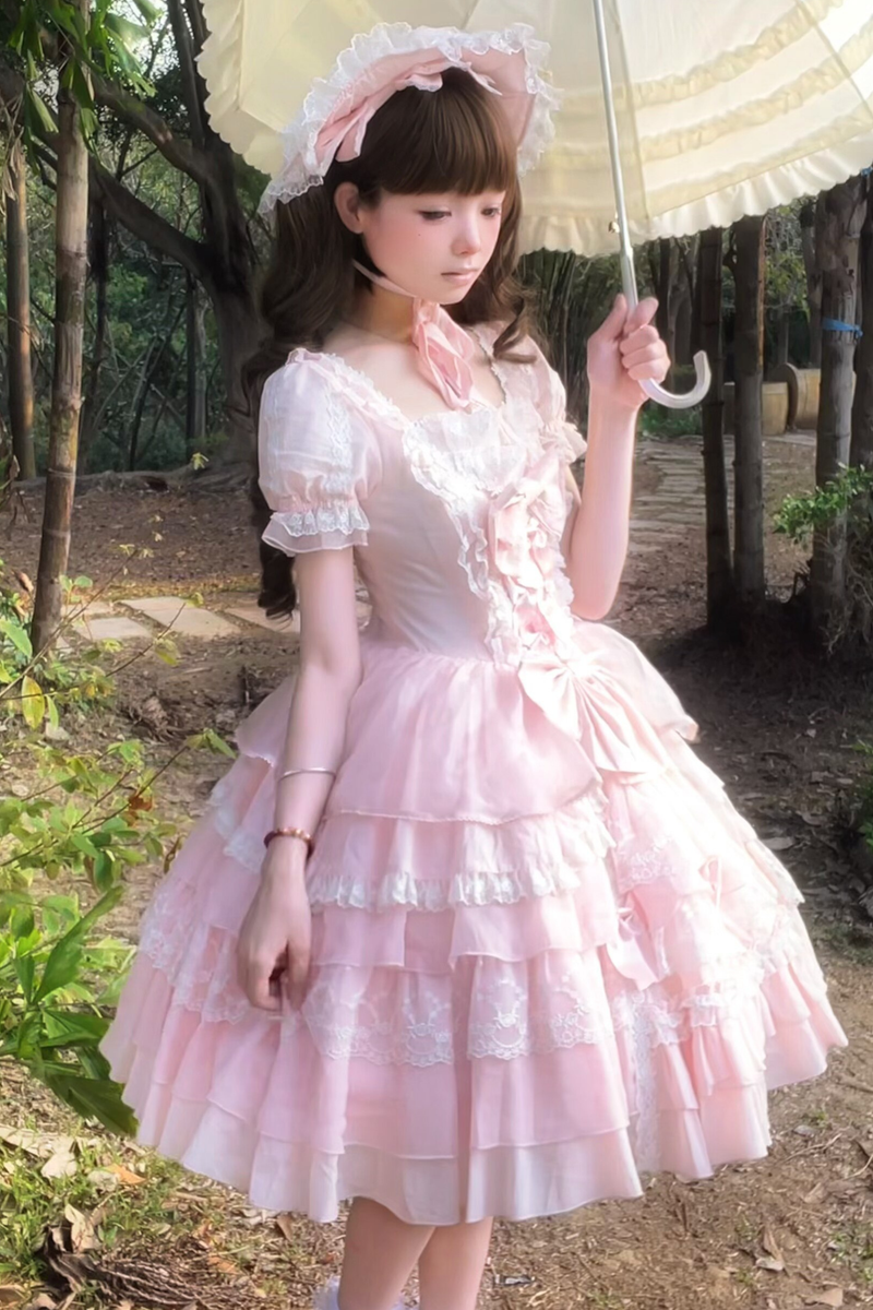 Sweetheart Ruffle Ribbon Lolita Dress + Bnt + Necklace + Princess Sleeve
