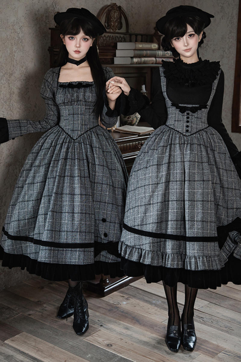 Plaid Fishbone Chest Jsk + Dress + Innerwear + Ribbon + Hat