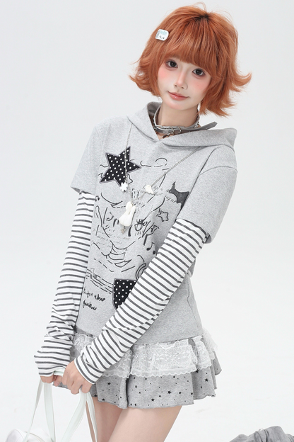 Striped Fake Two Piece Hooded Top