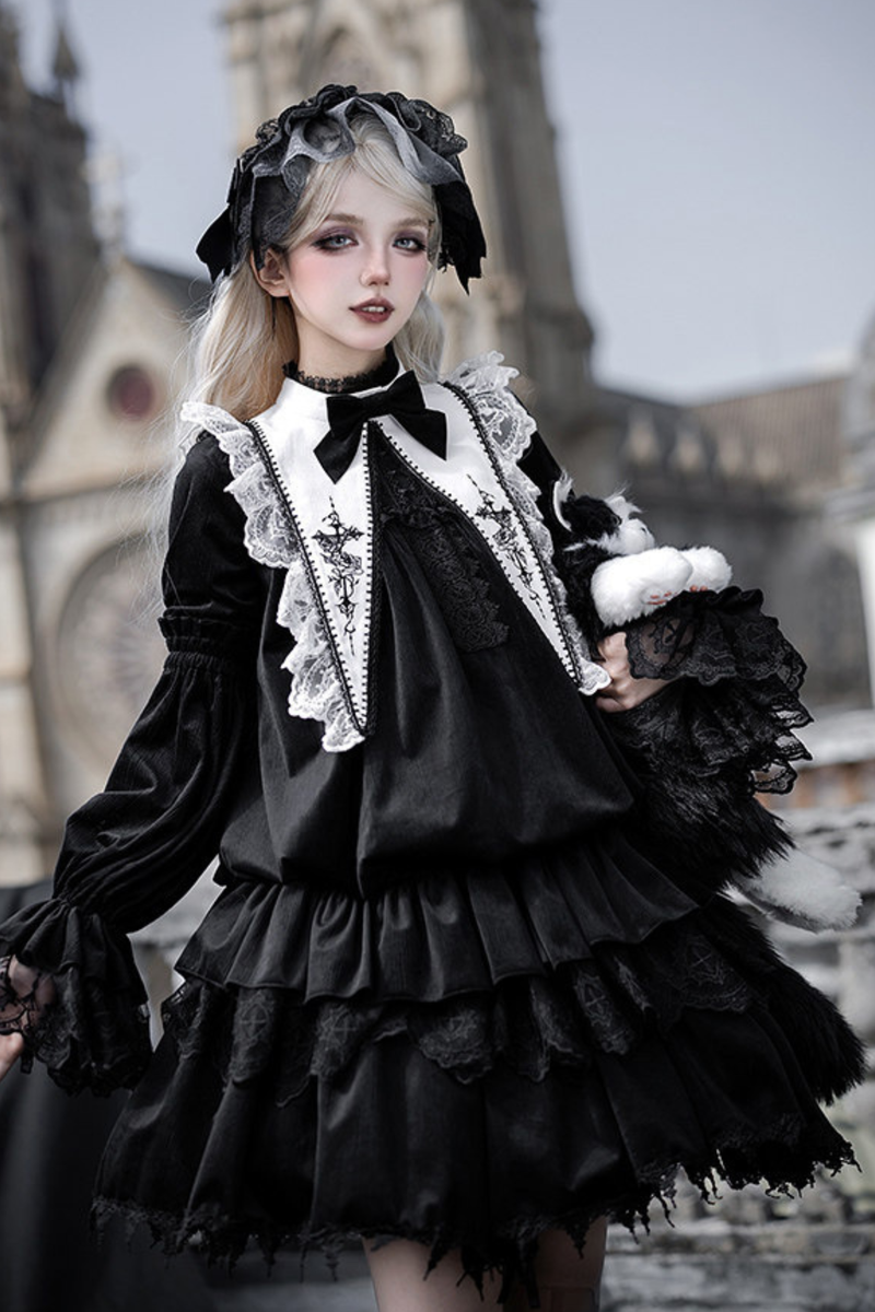 Gothic Doll Multi-tiered Dress + Belt + Fake Collar + Hairband