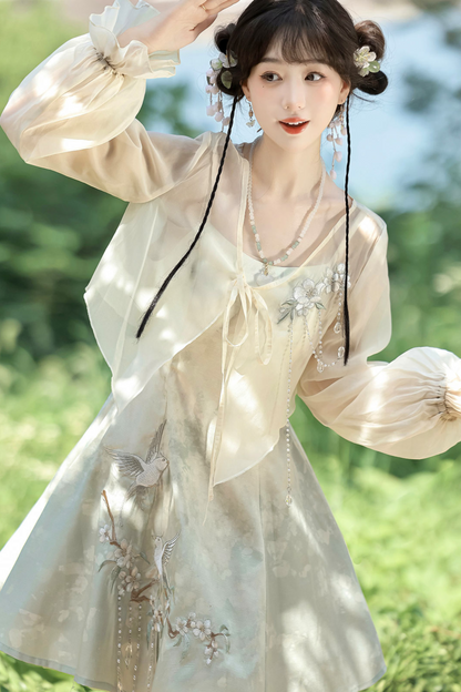 Chinese-style Gradient Retro Dress + Sheer Cardigan