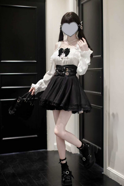 Jirai Off-the-shoulder Shirt + Plaid Skirt (with Inner Pants)