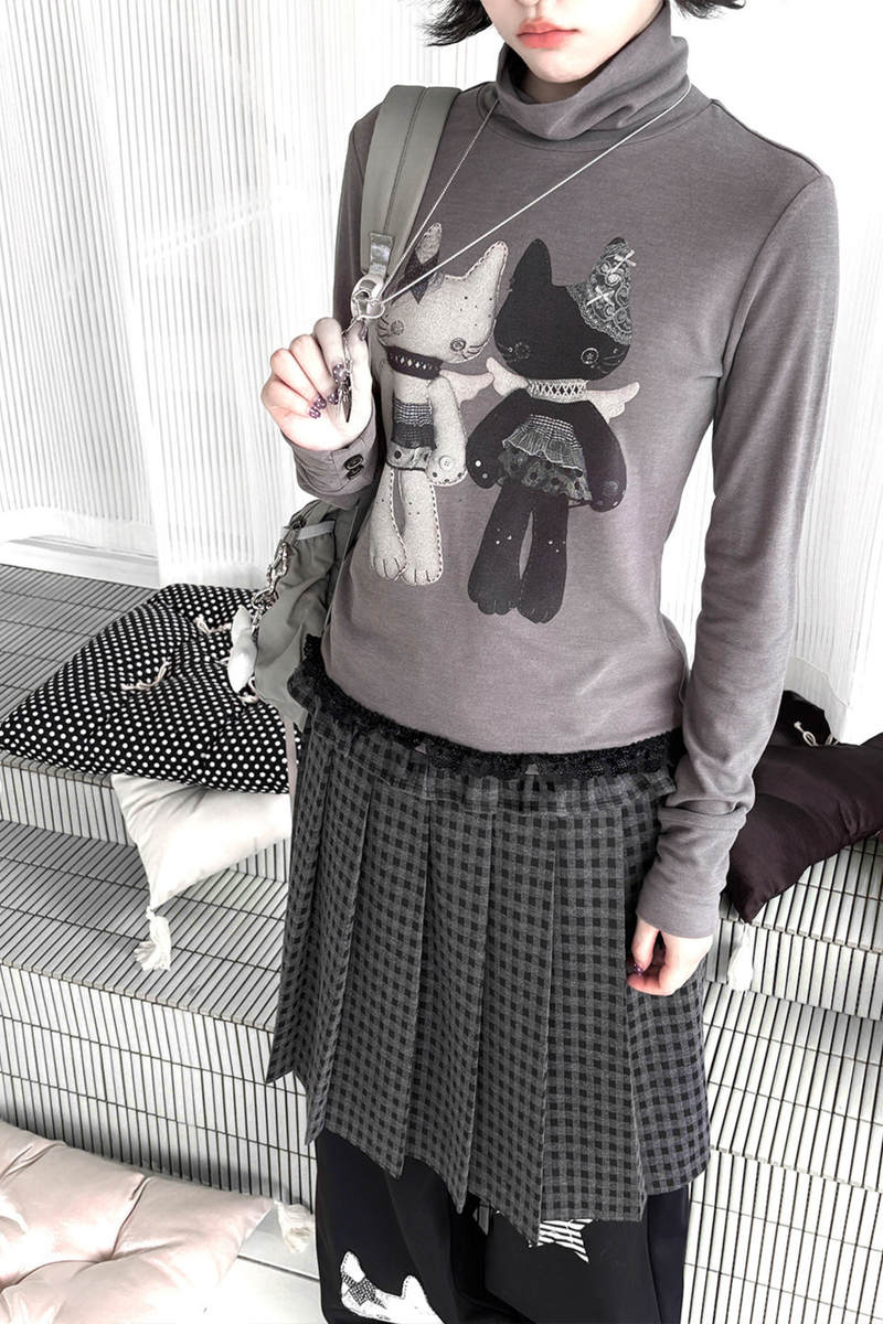 Animal Doll Print Top + Pleated Skirt + Wide Pants + Jacket