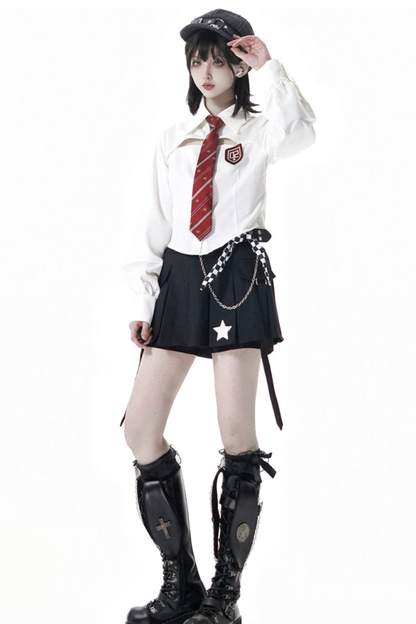Biker Jacket + Shirt With Tie + Skirt + Belt