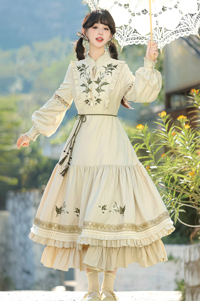 Pastoral Lolita Long Sleeve Dress + Vest + Scarf