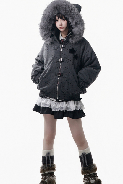 Big Fur Collar Jacket + Top + Skirt + Pants + Plaid Hooded Jacket
