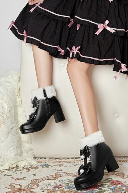 Double Ribbon Fur Short Boots