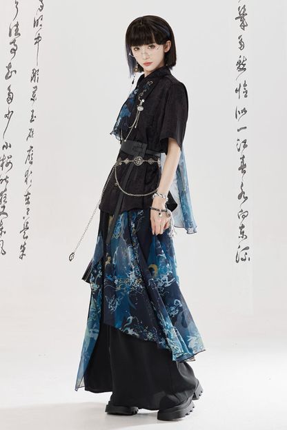 Dark Chinese-style Shirt + Wide Leg Pants + Chain + Belt