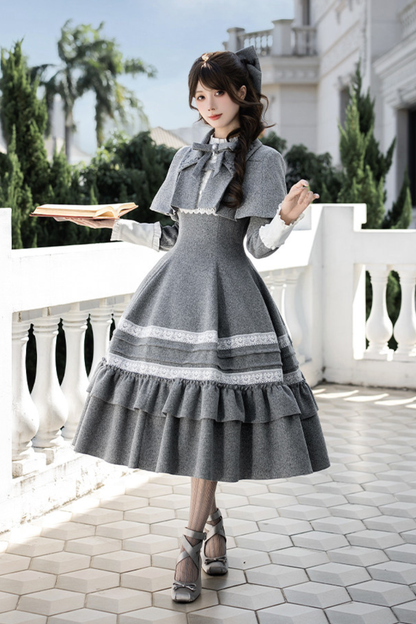 Ruffled Cape Coat + Dress + Hair Accessories + Brooch