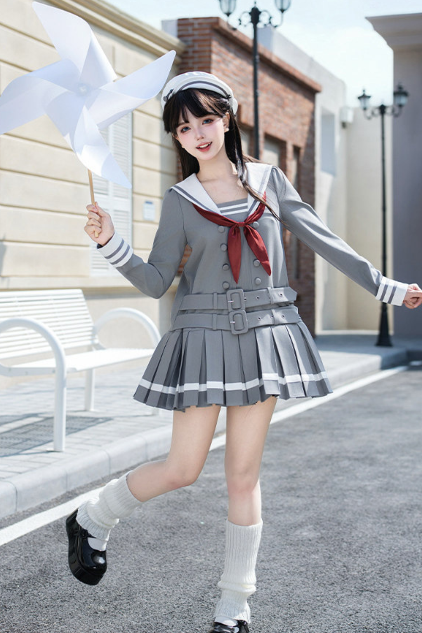 Sailor Collar Pleated College Dress + Ribbon + Hat