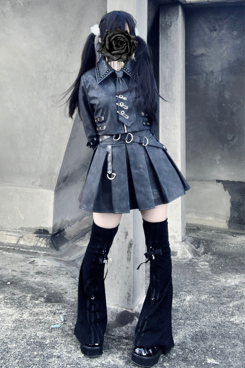 Gothic Matte Leather Dark Girl Top + Skirt