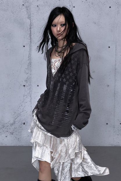 Lace Patchwork Loose Hooded Hoodie