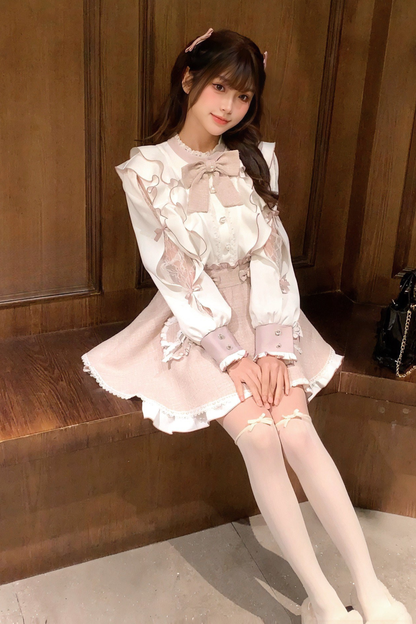 Lace Shoulder Ribbon Blouse + Skirt