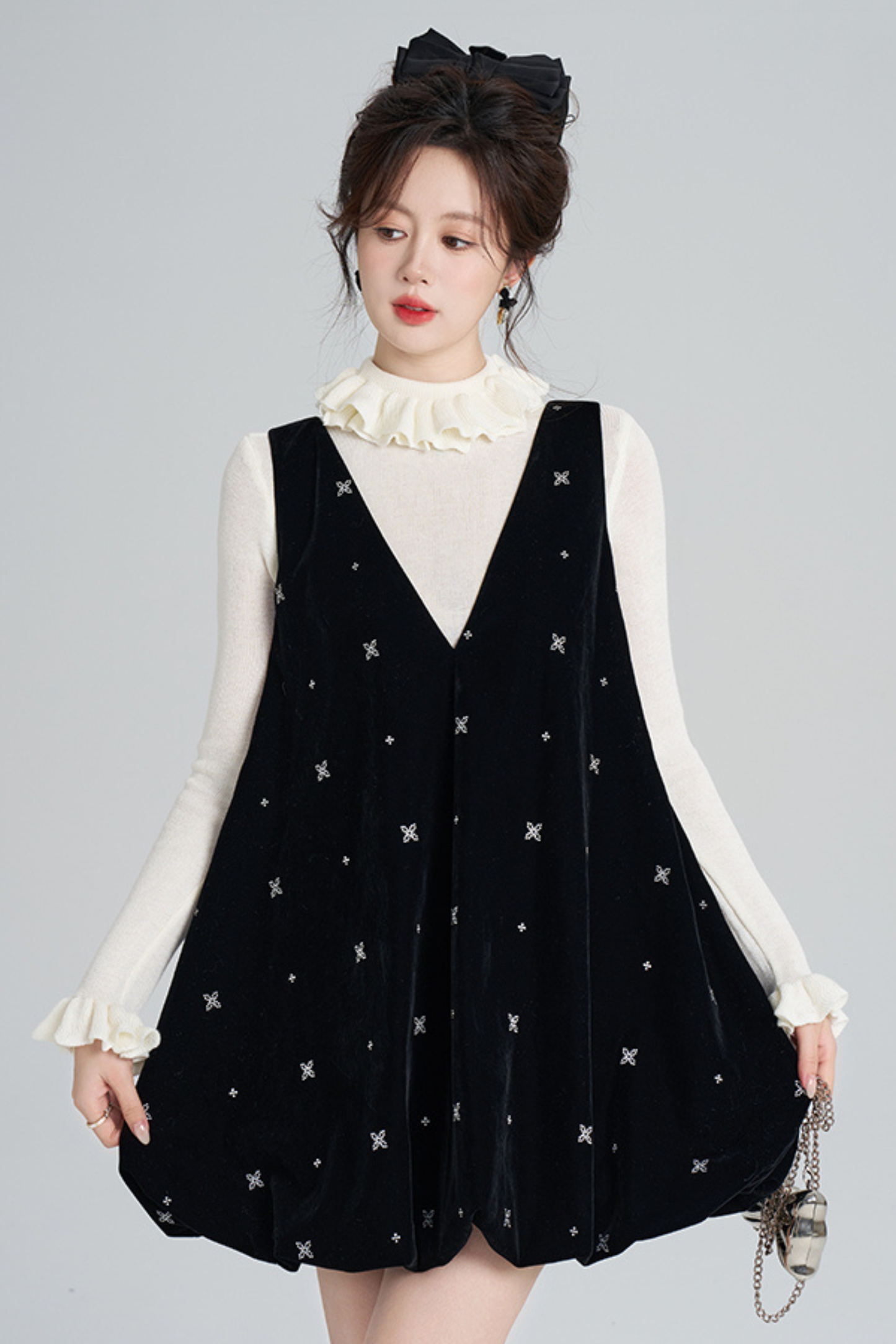 French Black Velvet Ribbon Balloon Dress
