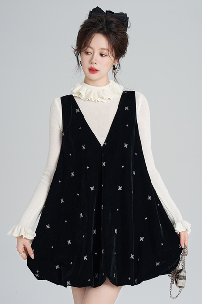 French Black Velvet Ribbon Balloon Dress