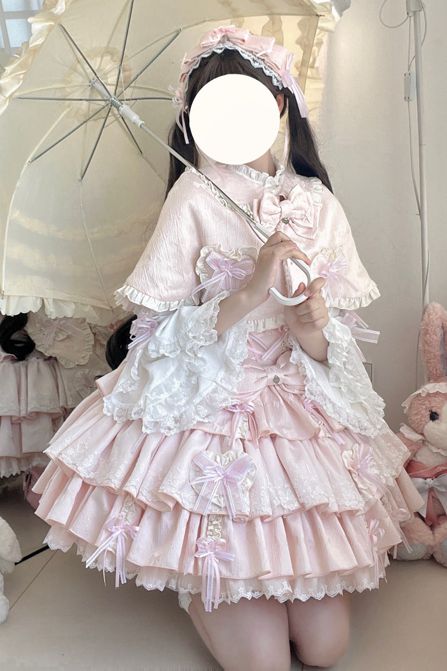 Layered Ruffle Sweet Princess Lolita Jumper Skirt + Tail + Headband + Cape + Bonnet