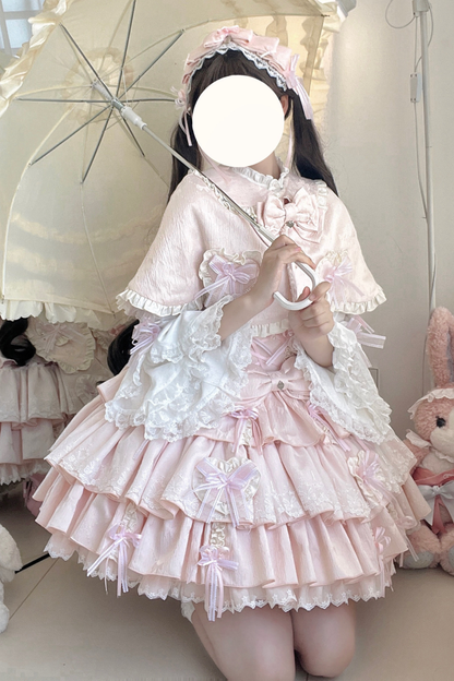 Layered Ruffle Sweet Princess Lolita Jumper Skirt + Tail + Headband + Cape + Bonnet
