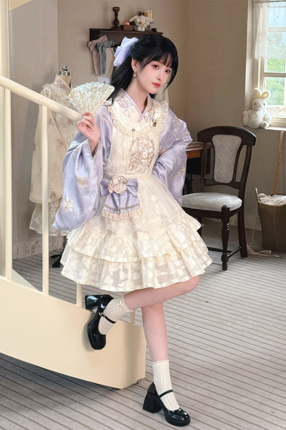 Chinese-style Pastel Top + Apron + Bow + Necklace + Brooch + Hair Accessories