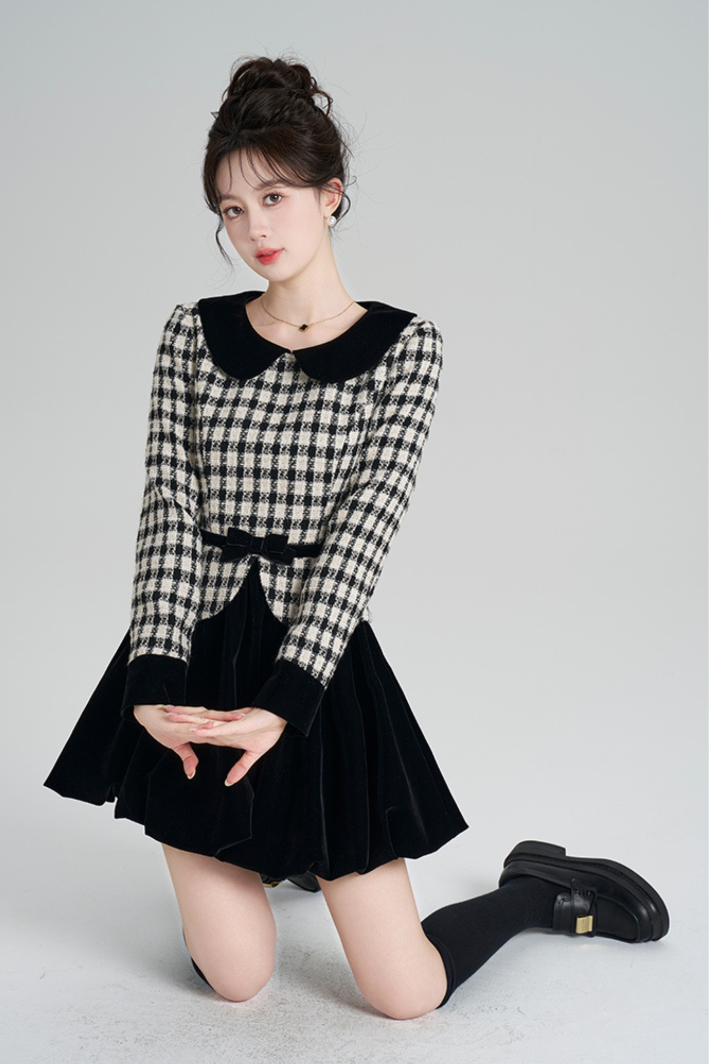 Velvet Monochrome Plaid Dress