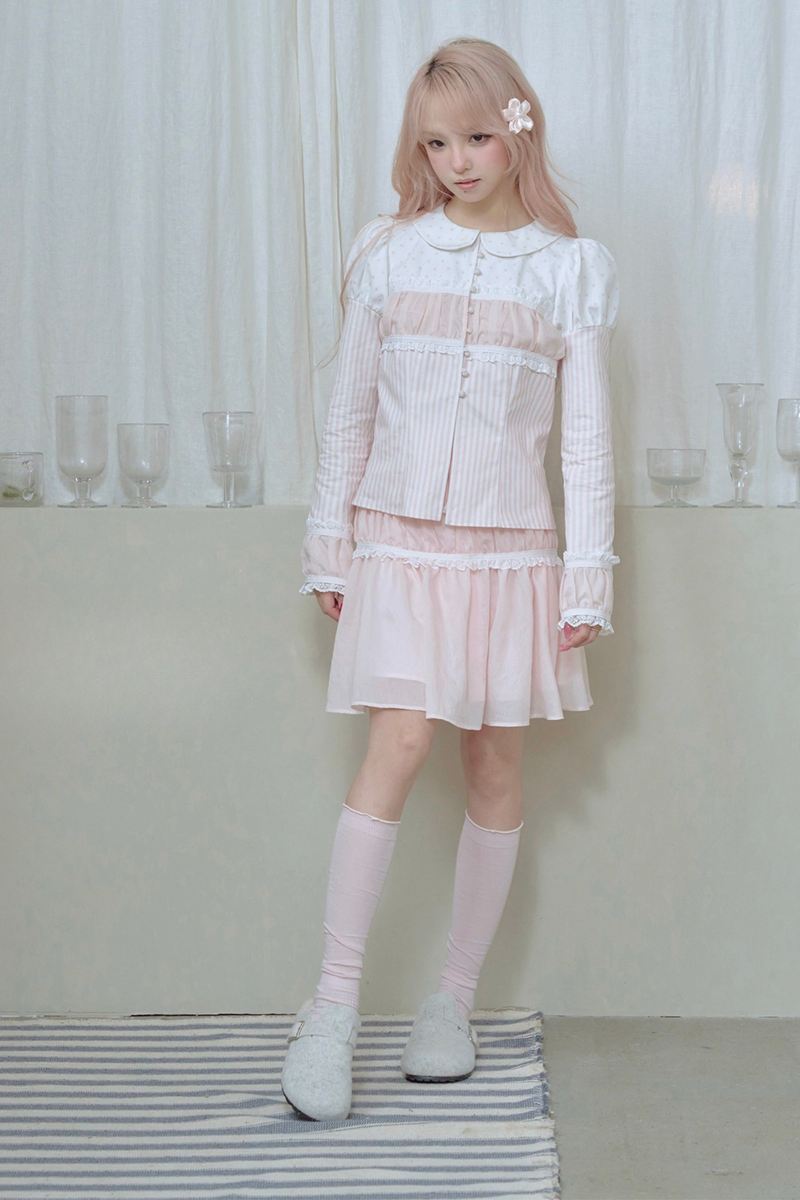 Striped Doll Collar Puff Sleeve Shirt