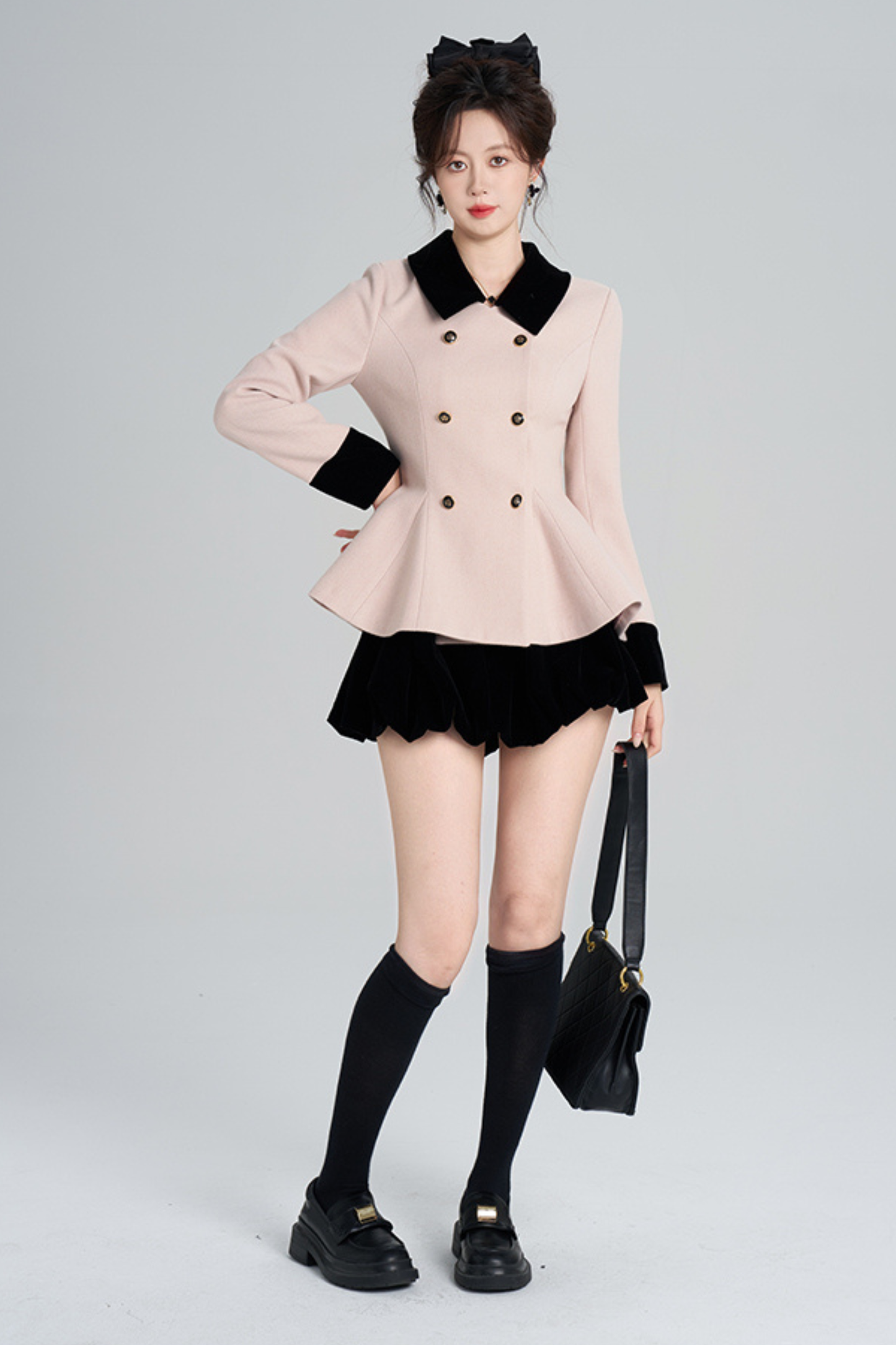 French Sweet Pink Flare Coat + Skirt