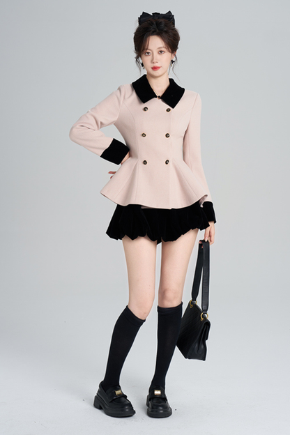 French Sweet Pink Flare Coat + Skirt