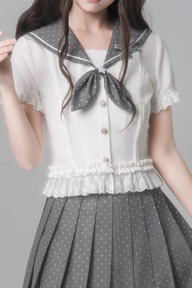 Sweet College Style Top + Polka Dot Pleated Skirt + Bow Tie