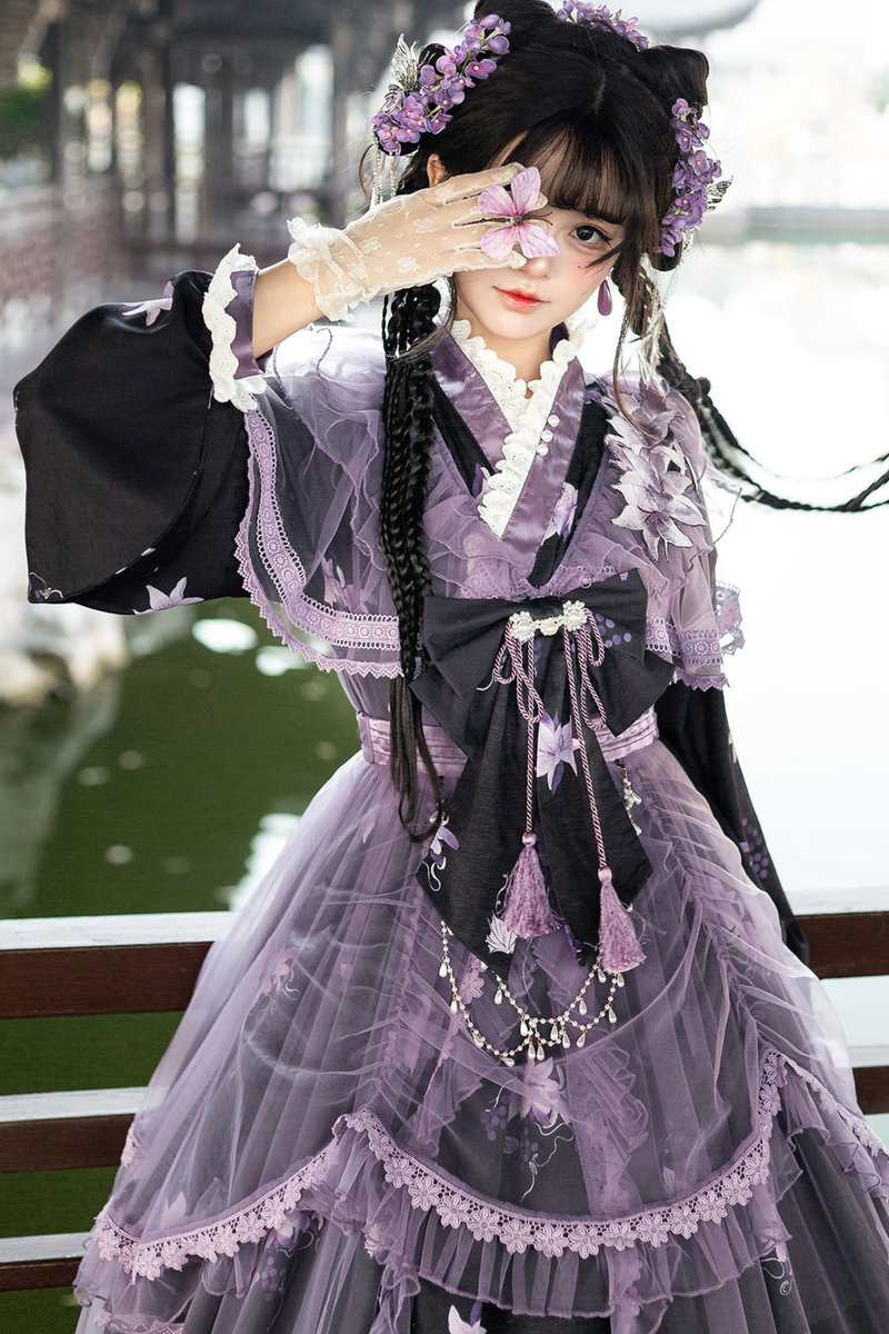 Dark Chinese-style Cross Collar Dress + Overdress + Skirt