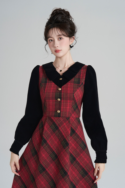 Red Retro Check Tweed Dress