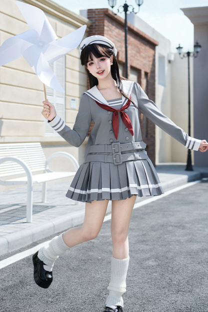 Sailor Collar Pleated College Dress + Ribbon + Hat