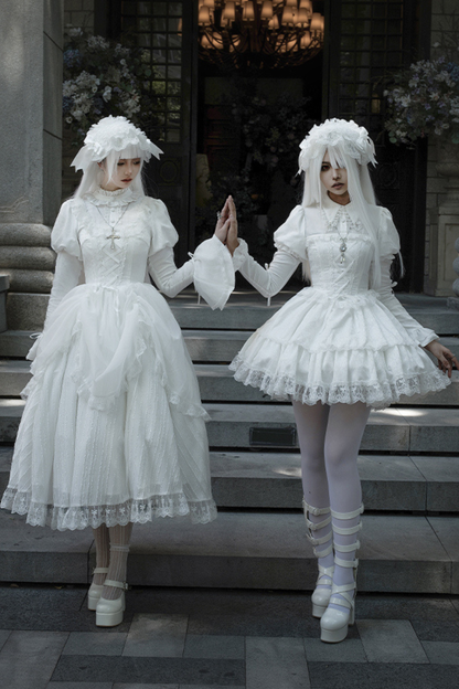 White Gothic Gemini Lolita Dress + Corset + Ribbon + Headband + Veil