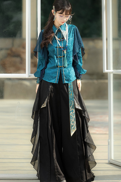 Ruan Chinese-style Top + Vest + Wide Leg Pants + Necklace