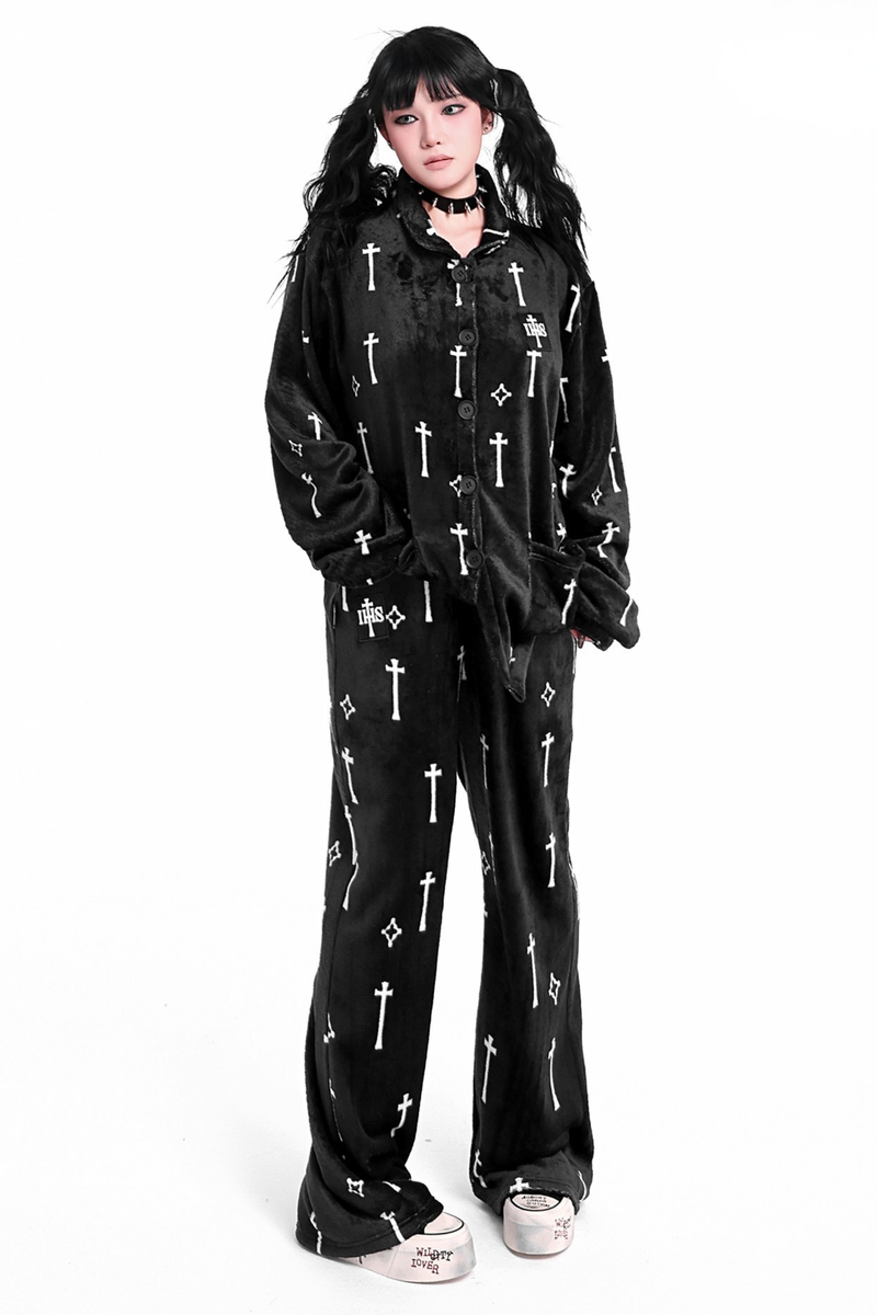 Gothic Cross Flannel Nightgown Coat + Loose Pants + Jacket