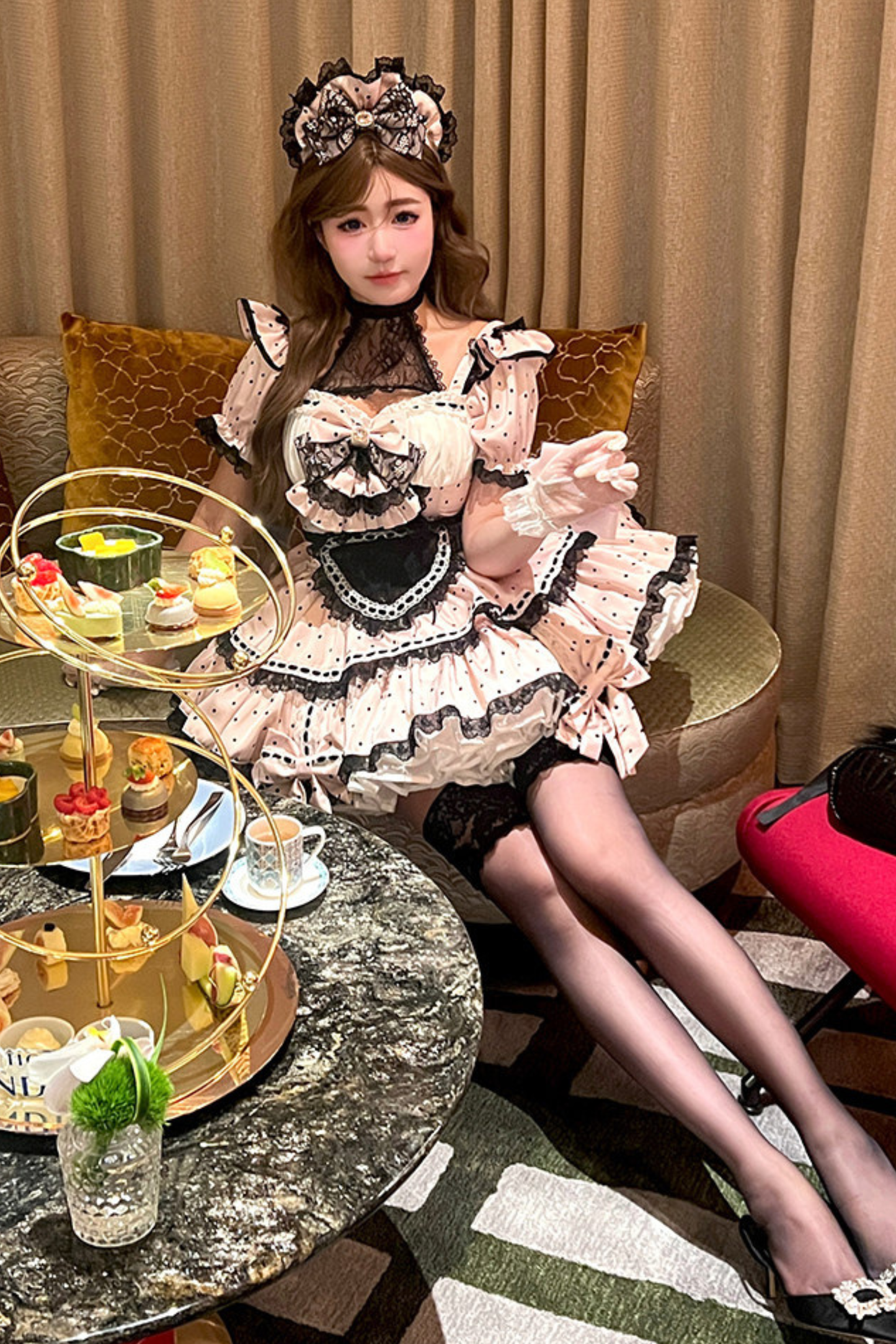 Sweet Little Dot Maid Lolita Dress + Apron + Head Accessory + Veil