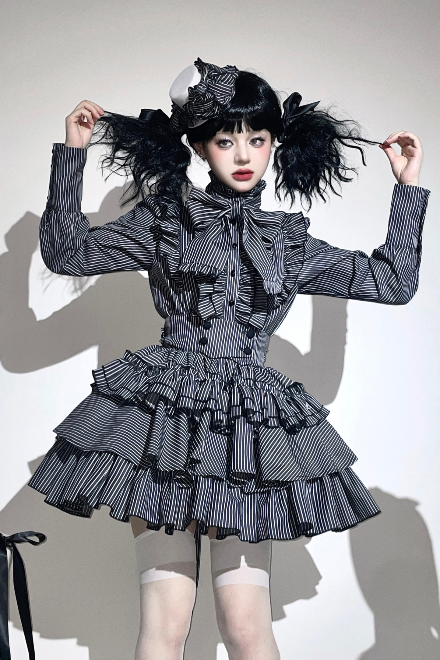 Striped Gothic Lolita Shirt + Tiered Skirt