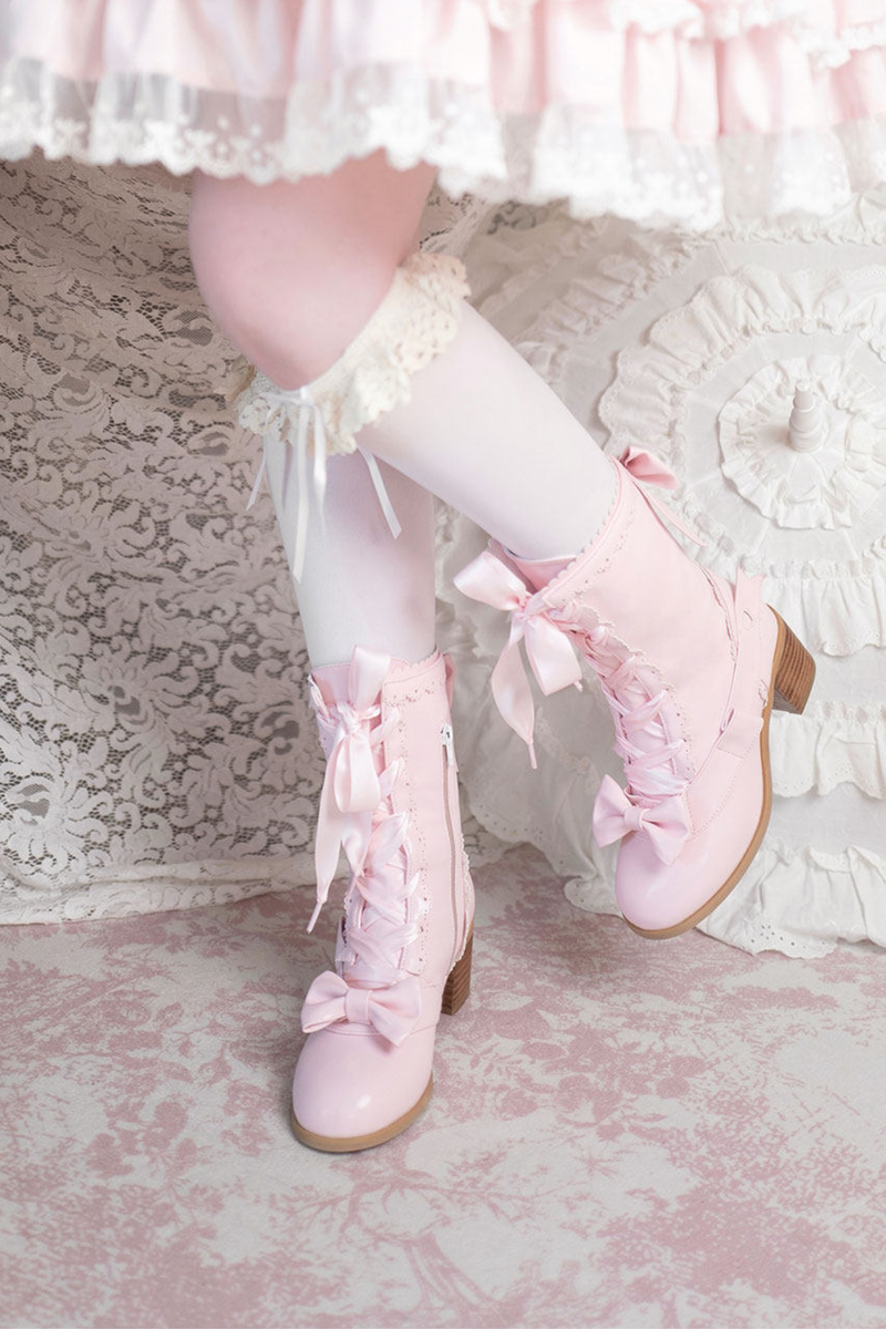Ribbon Lace Up Mid Calf Boots