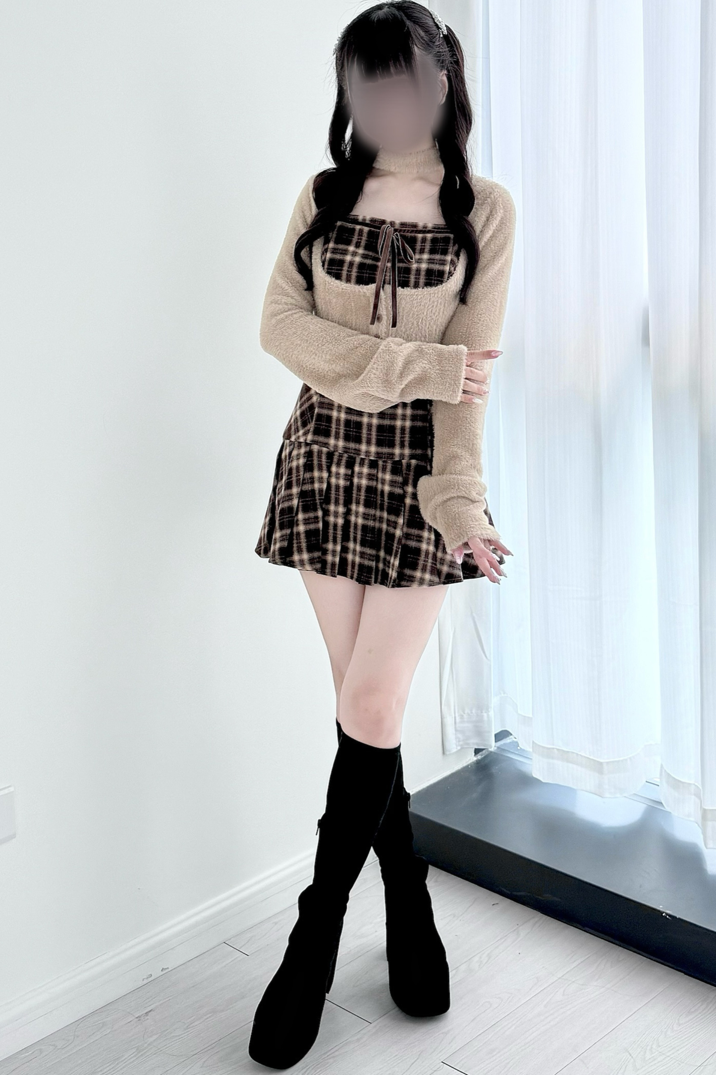 Checked Flared Dress + Short Cardigan