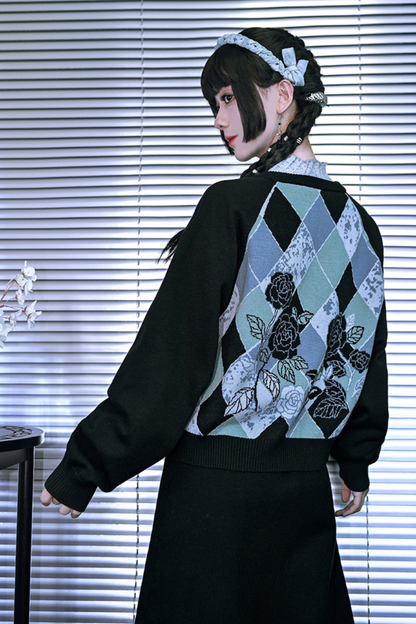 Argyle Cardigan + Asymmetric Skirt