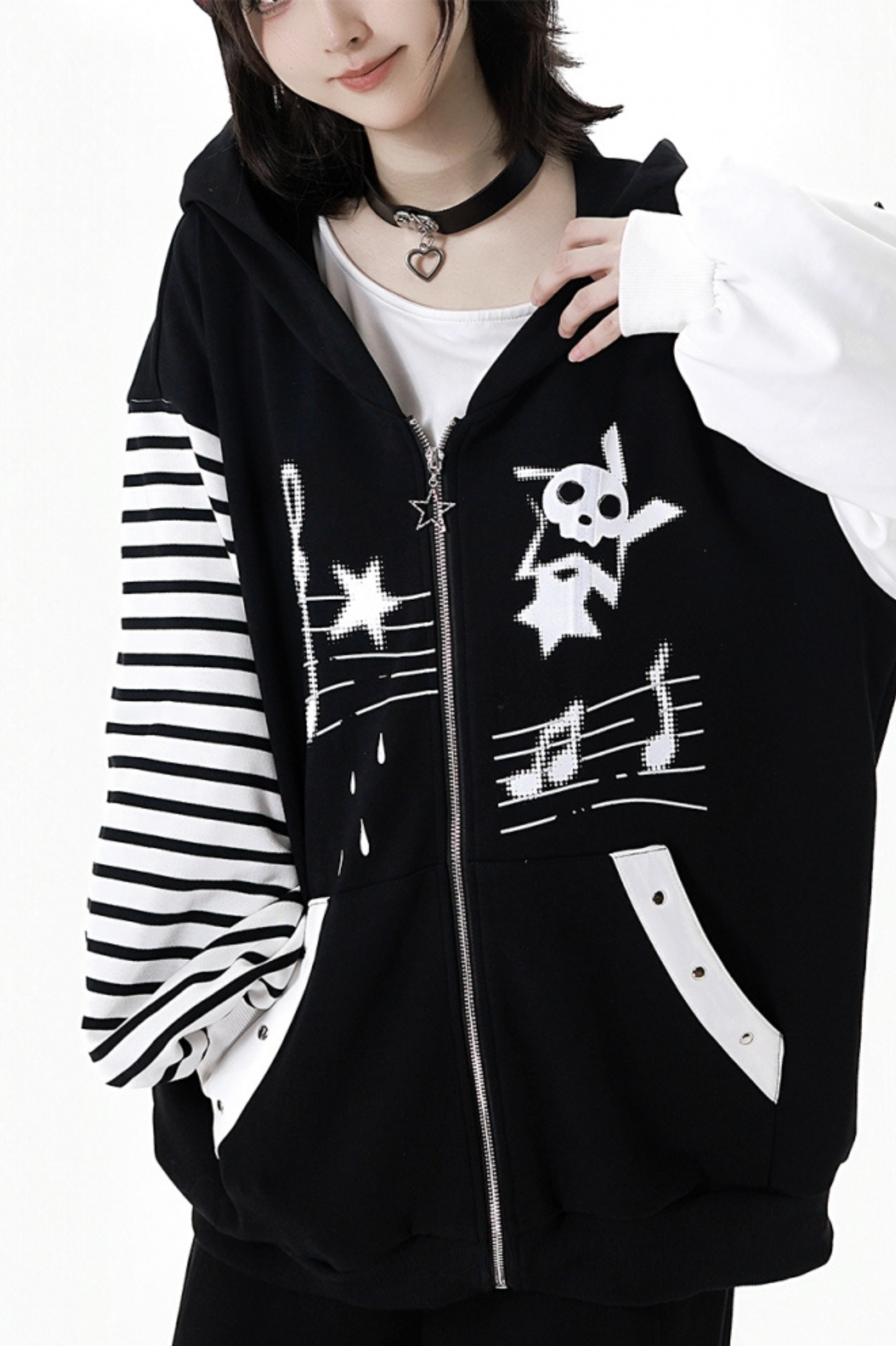 Striped Rock Print Hoodie Jacket + Tops + Long Pants + Skirt
