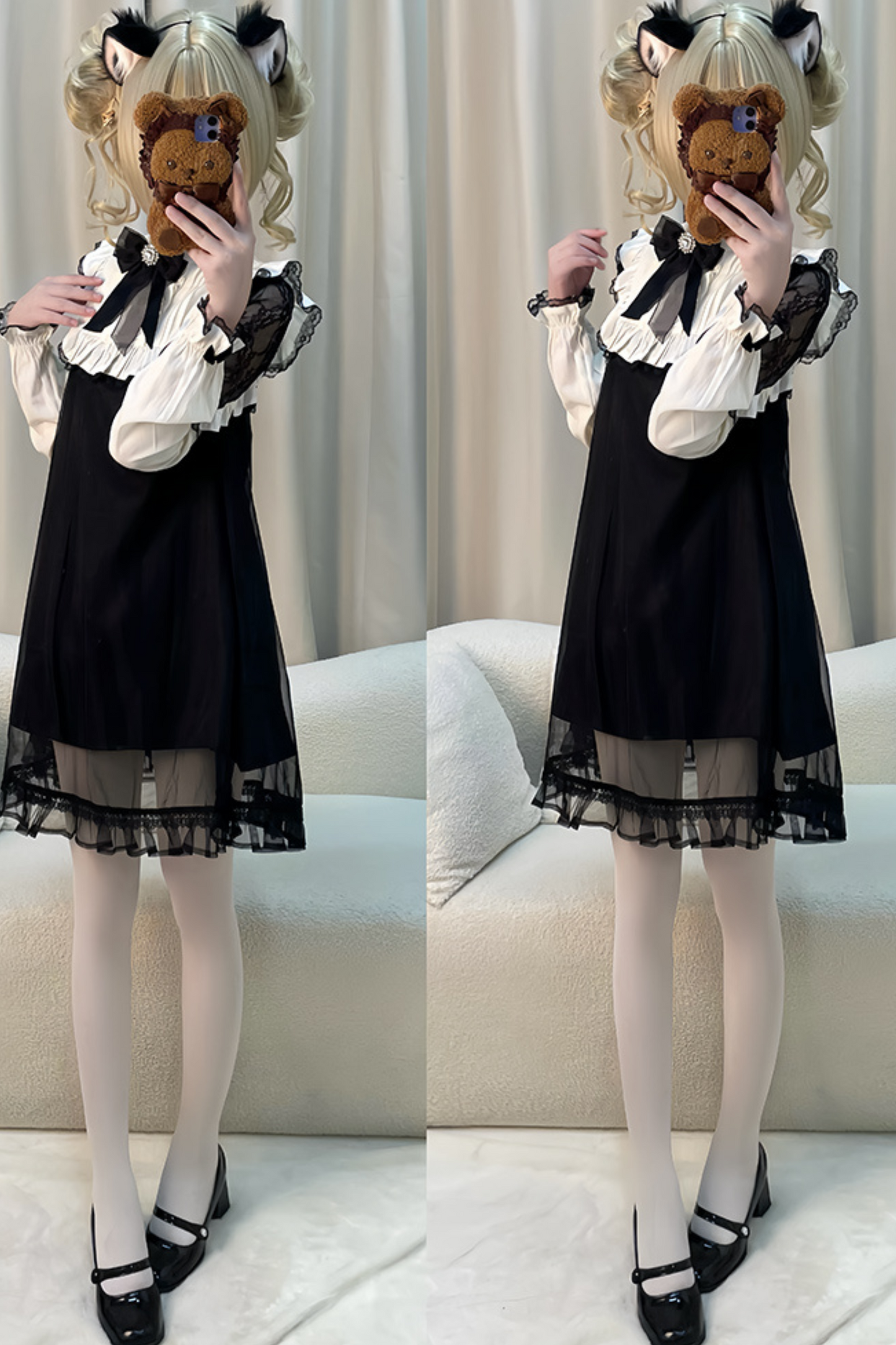 Lace Edge Mesh Paneled Little Black Dress