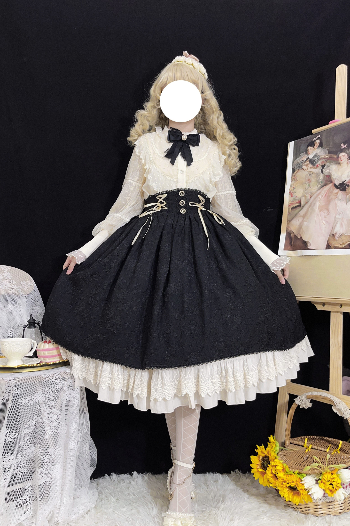 Retro Lolita Shirt + Lace-up High-waist Lolita Skirt