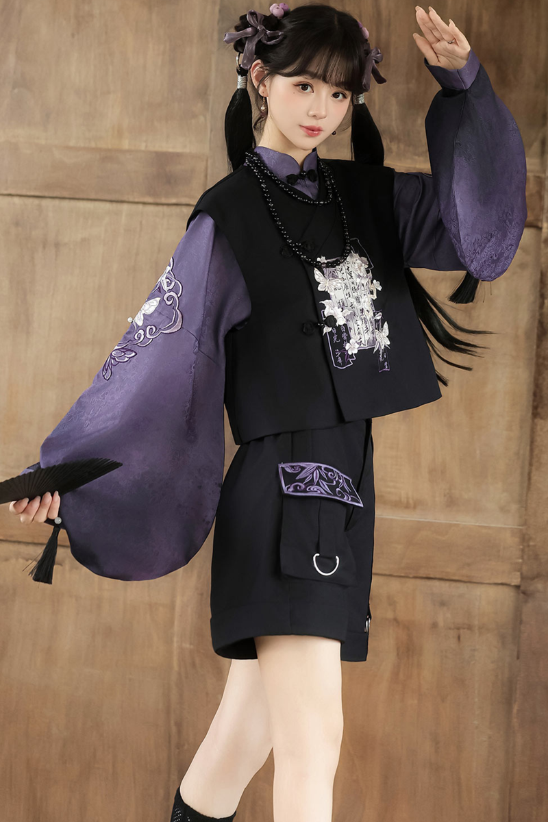 Dark Chinese-style Top + Vest + Shorts + Necklace