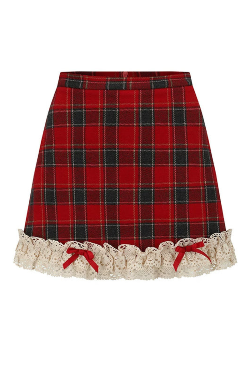 Lace Maid Plaid Corset Top + Crochet Cardigan + Plaid Skirt