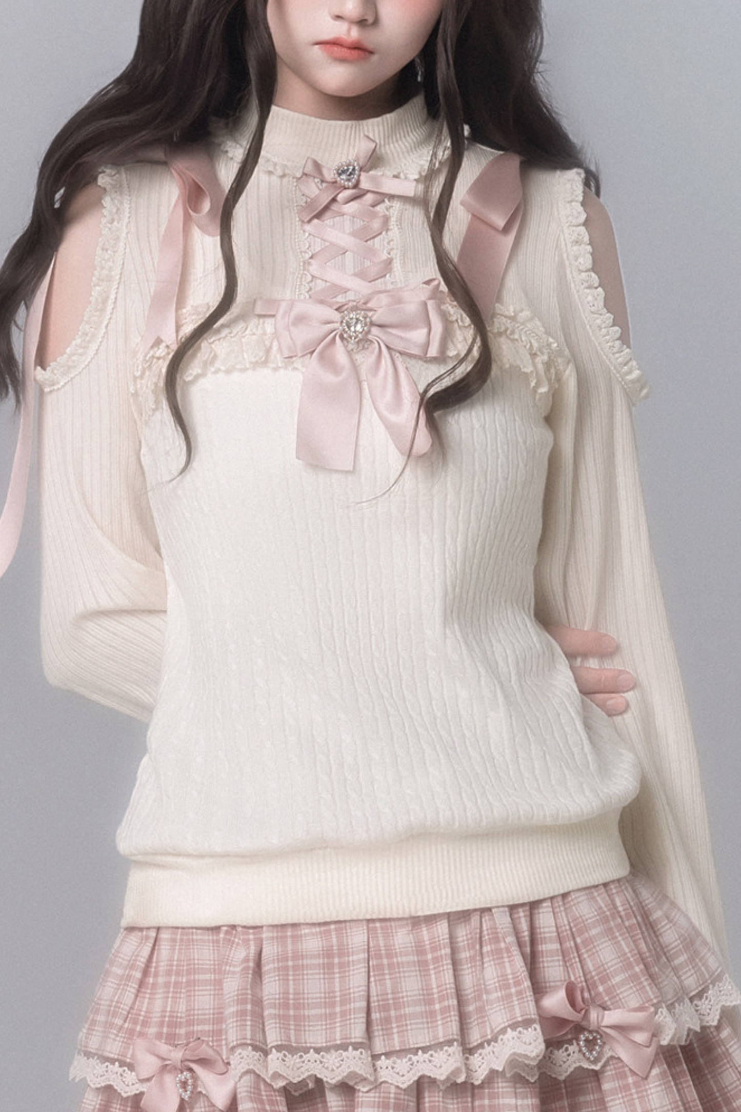 Sweet Off Shoulder Knit Top + Checkered Skirt + Bow Tie