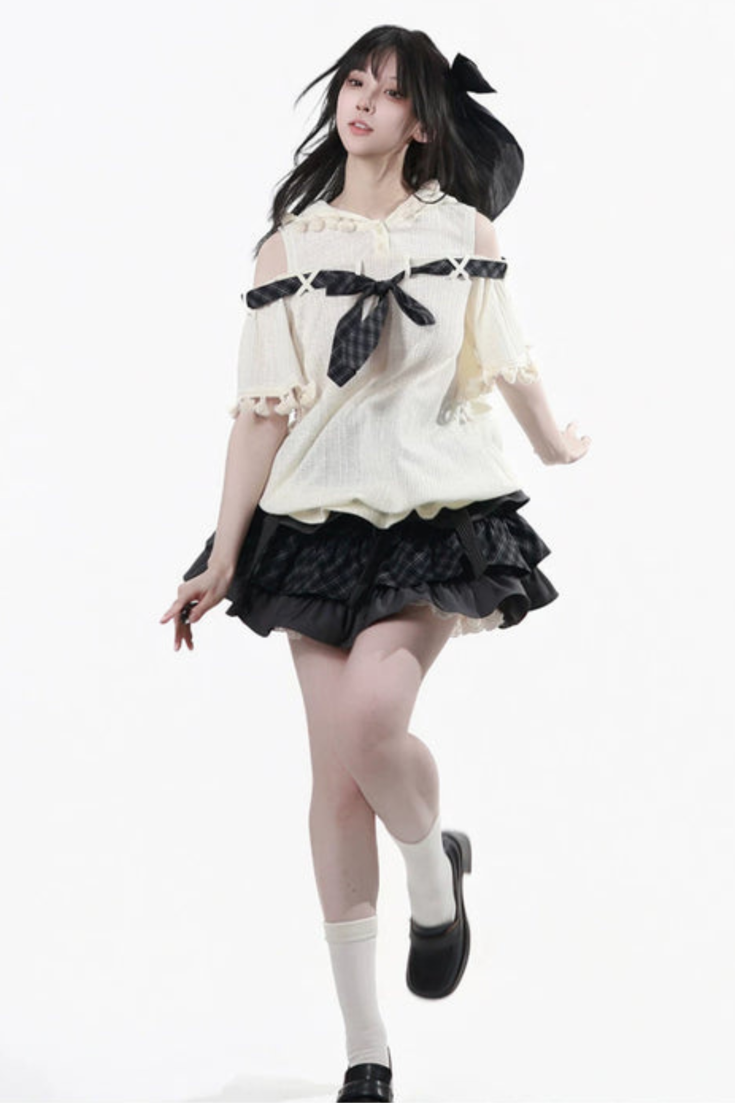 Off Shoulder Hoodie Top + Ruffled Top + Tiered Skirt + Camisole