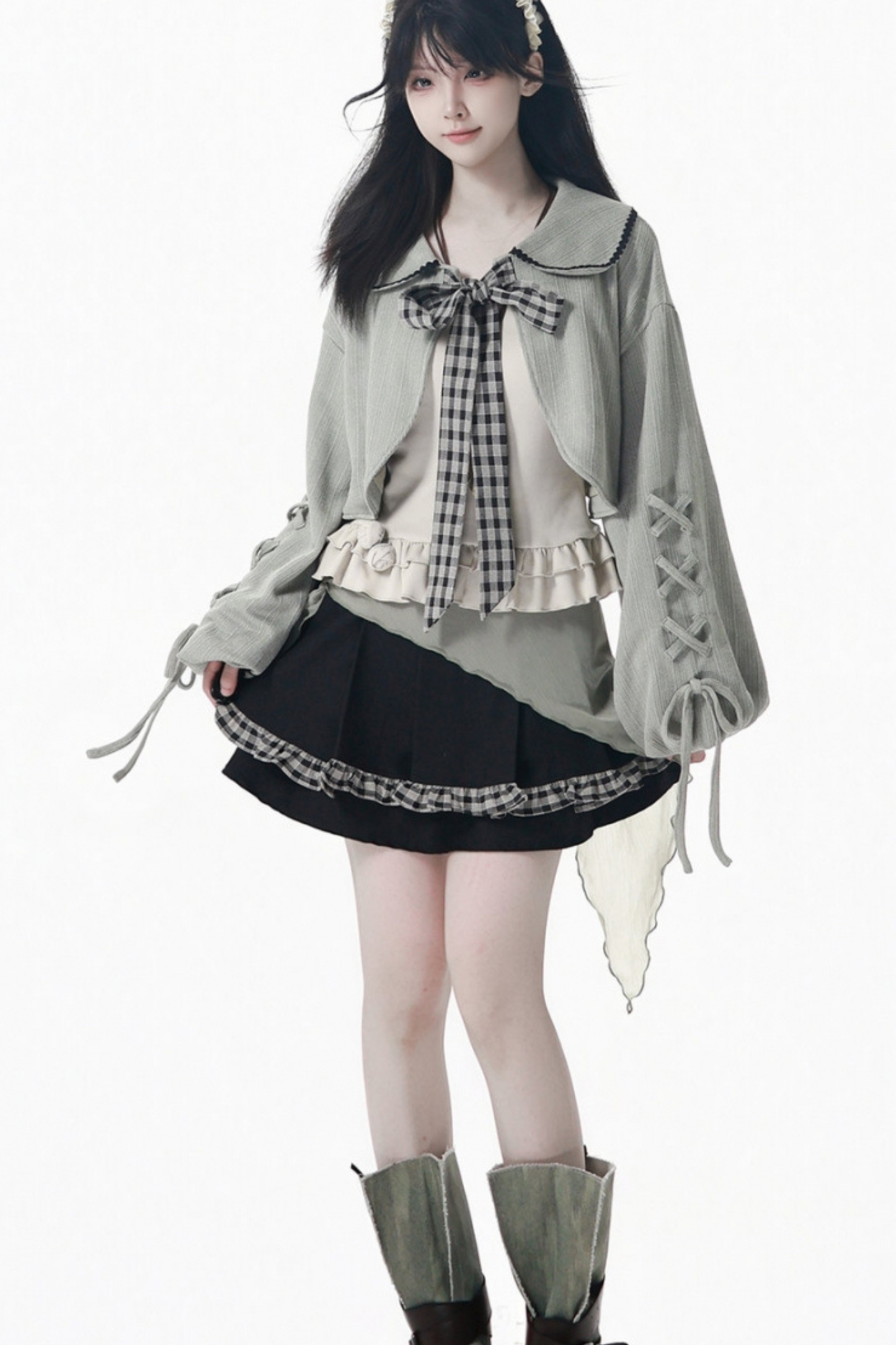 Plaid Ribbon Camisole Two Piece Jacket + Cape Coat + Skirt