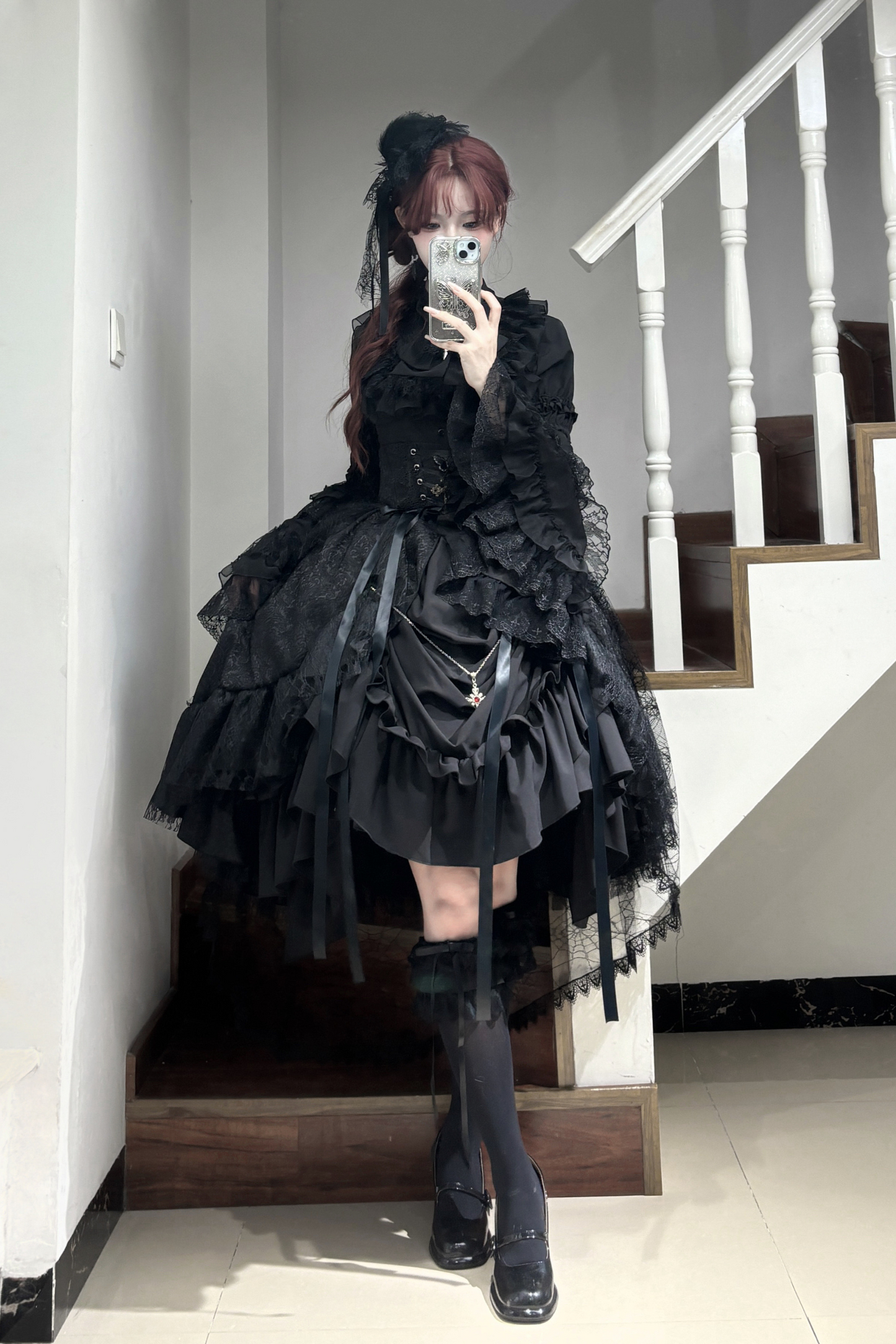 Gothic Super Jisleeve Lolita Shirt + Ruffle Skirt + Hat