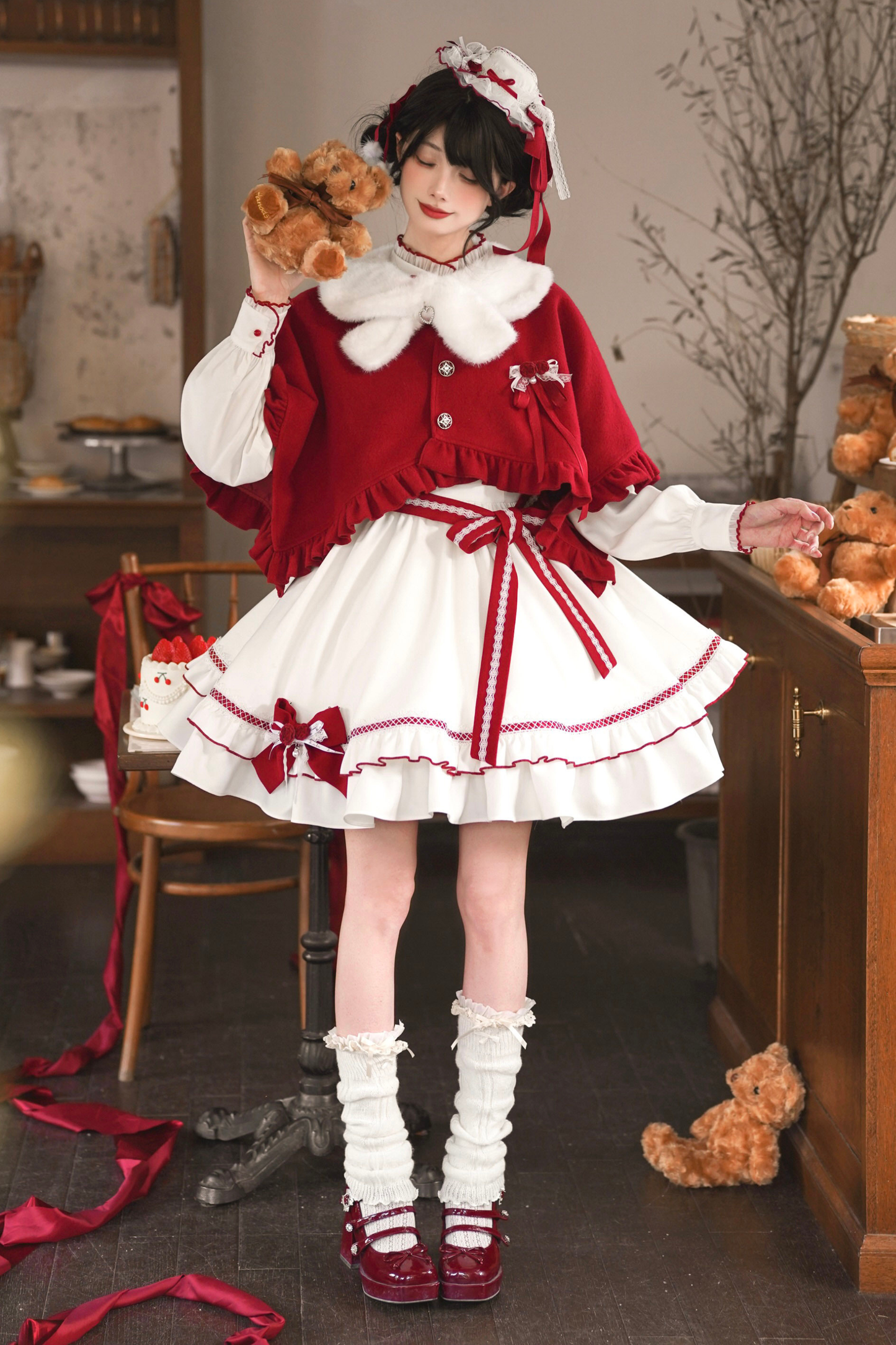 Red Wish Ribbon Dress + Cape